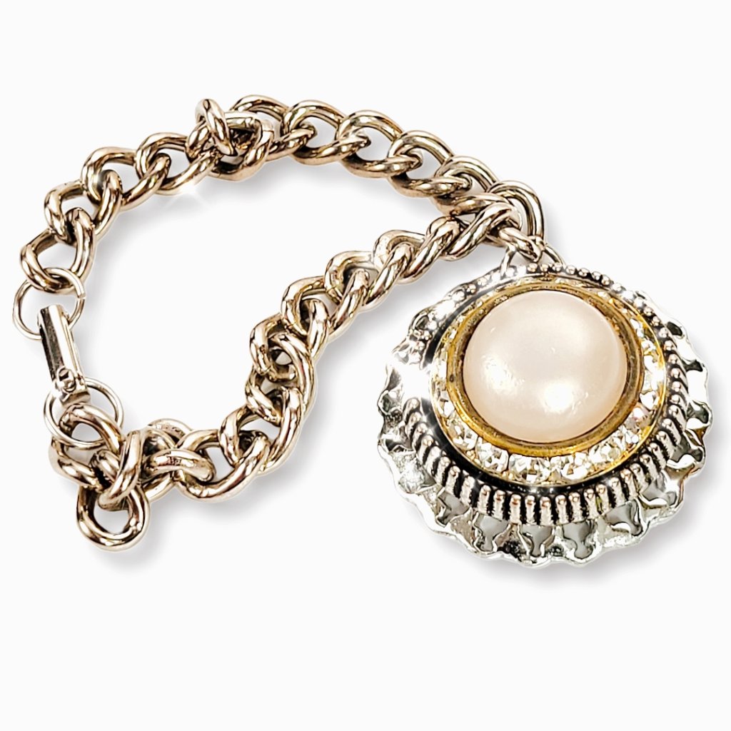Charm Bracelet Silver Tone Faux Pearl Crystal Diamonds Pendant Style